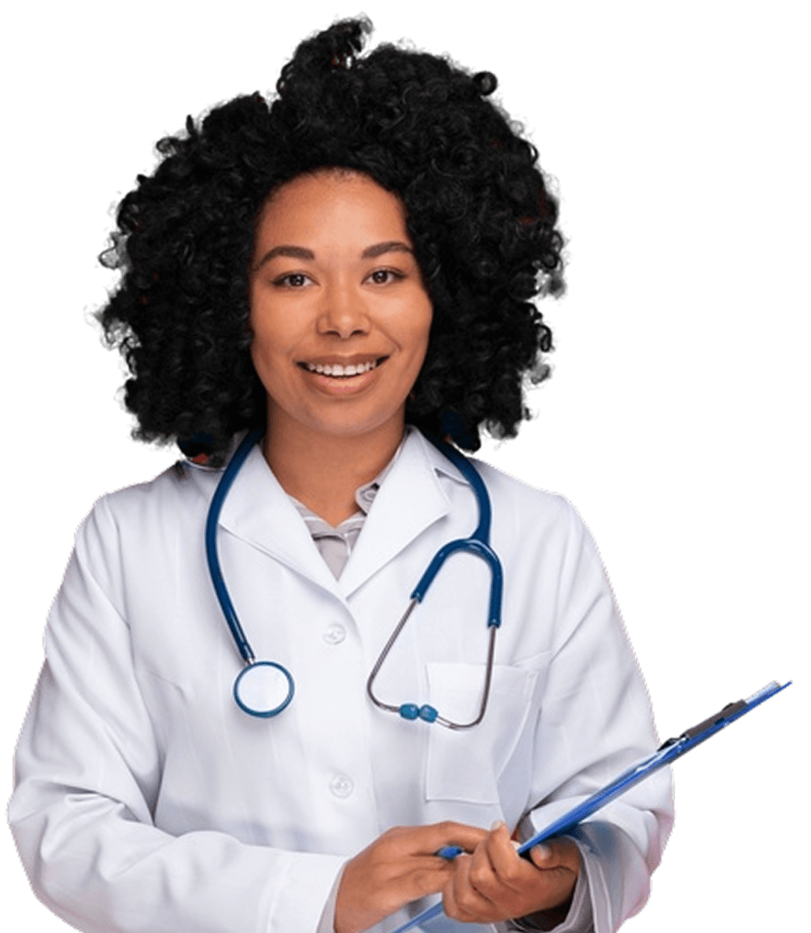 Smiling female doctor with curly hair and a stethoscope