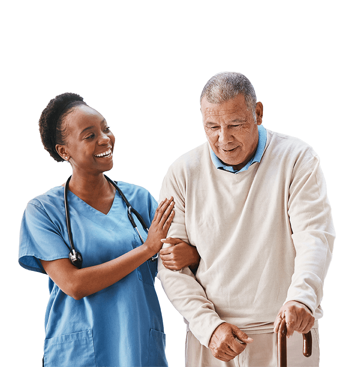 Nurse assisting an elderly patient with a cane