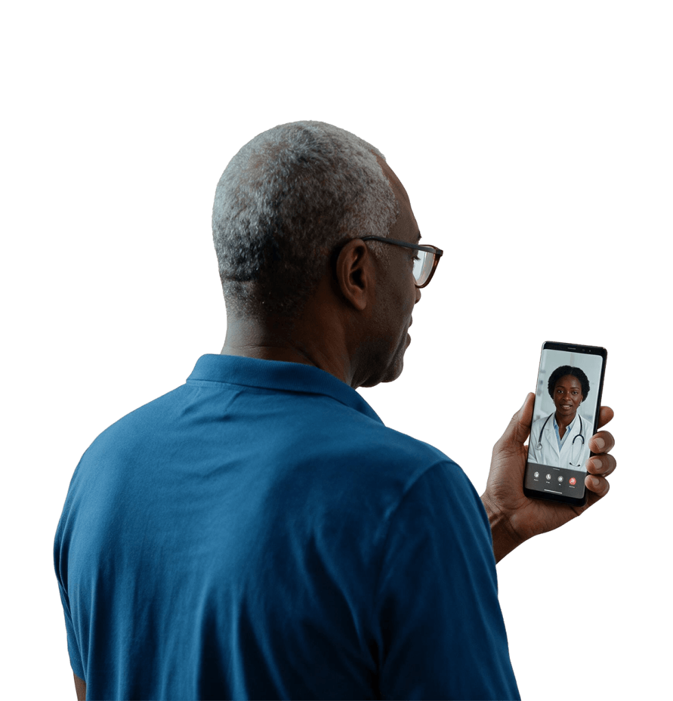 Elderly patient holding a phone during a telehealth video call