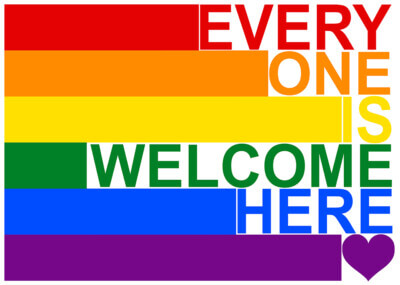 Everyone Welcome Here pride flag graphic